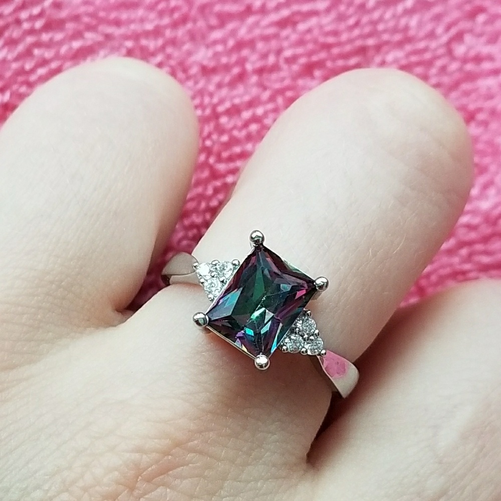 925 Sterling Silver Women Ring Square RainbowStone
